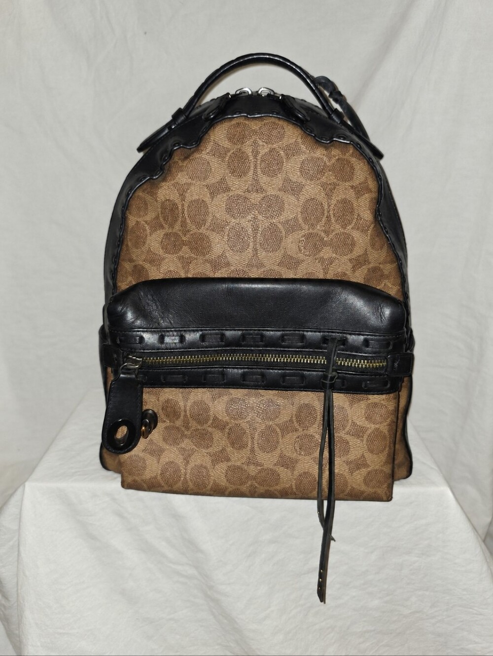 Coach Campus Signature Canvas Backpack Tan Black Leather Whipstitch Studded